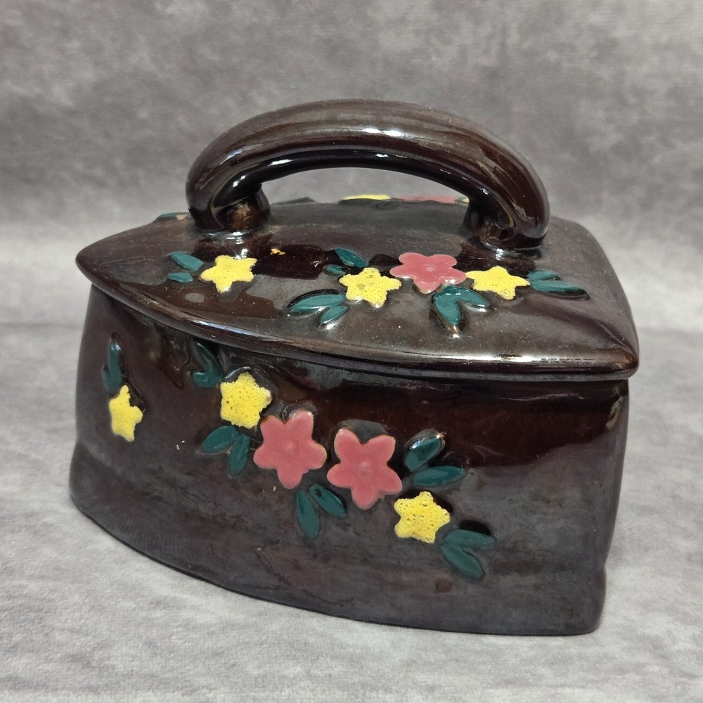 Vintage Hand Painted Floral Ceramic Iron Shaped Covered Dish 4.5"x4"